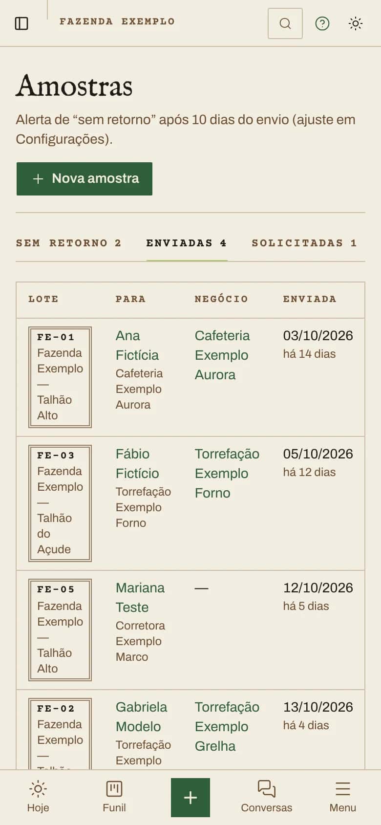 Tela Amostras da TBA Origem com o alerta de sem retorno após 10 dias e as amostras enviadas, com lote, comprador e há quantos dias saíram. Dados fictícios.